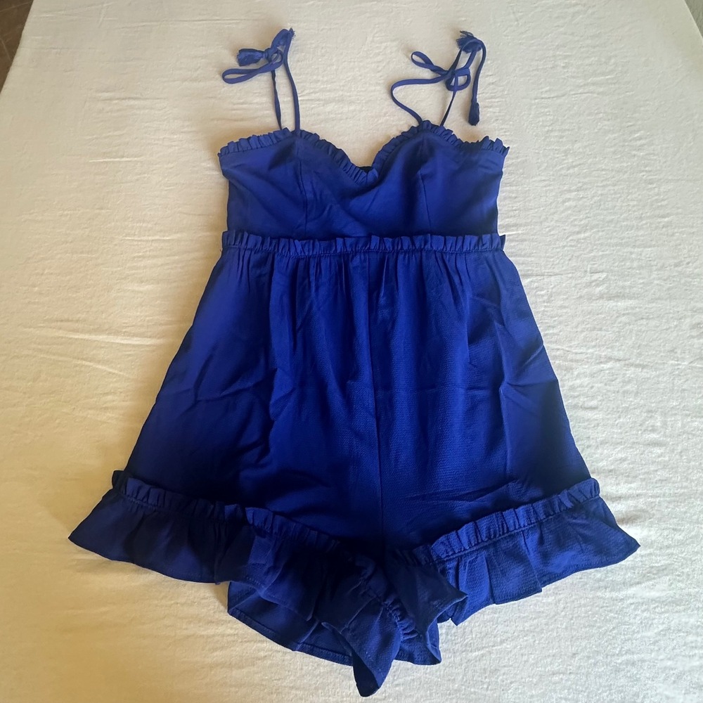 Privy Royal Blue Ruffle Tie Shoulder Smocked Back‎ Romper Jumpsuit Medium NWT
